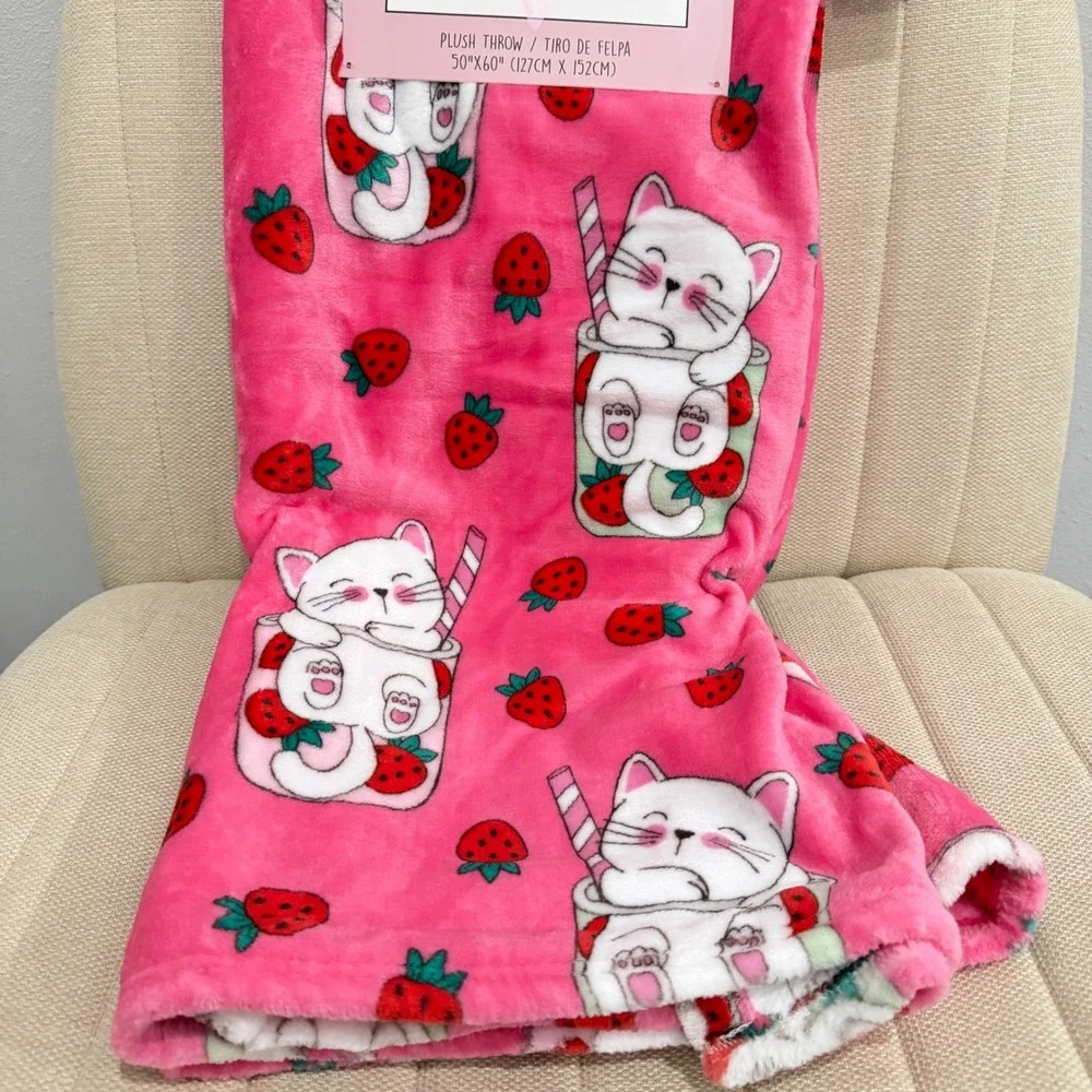 NEW Savannah Sweet Plush Throw Blanket Cat Strawberry Boba Kawaii